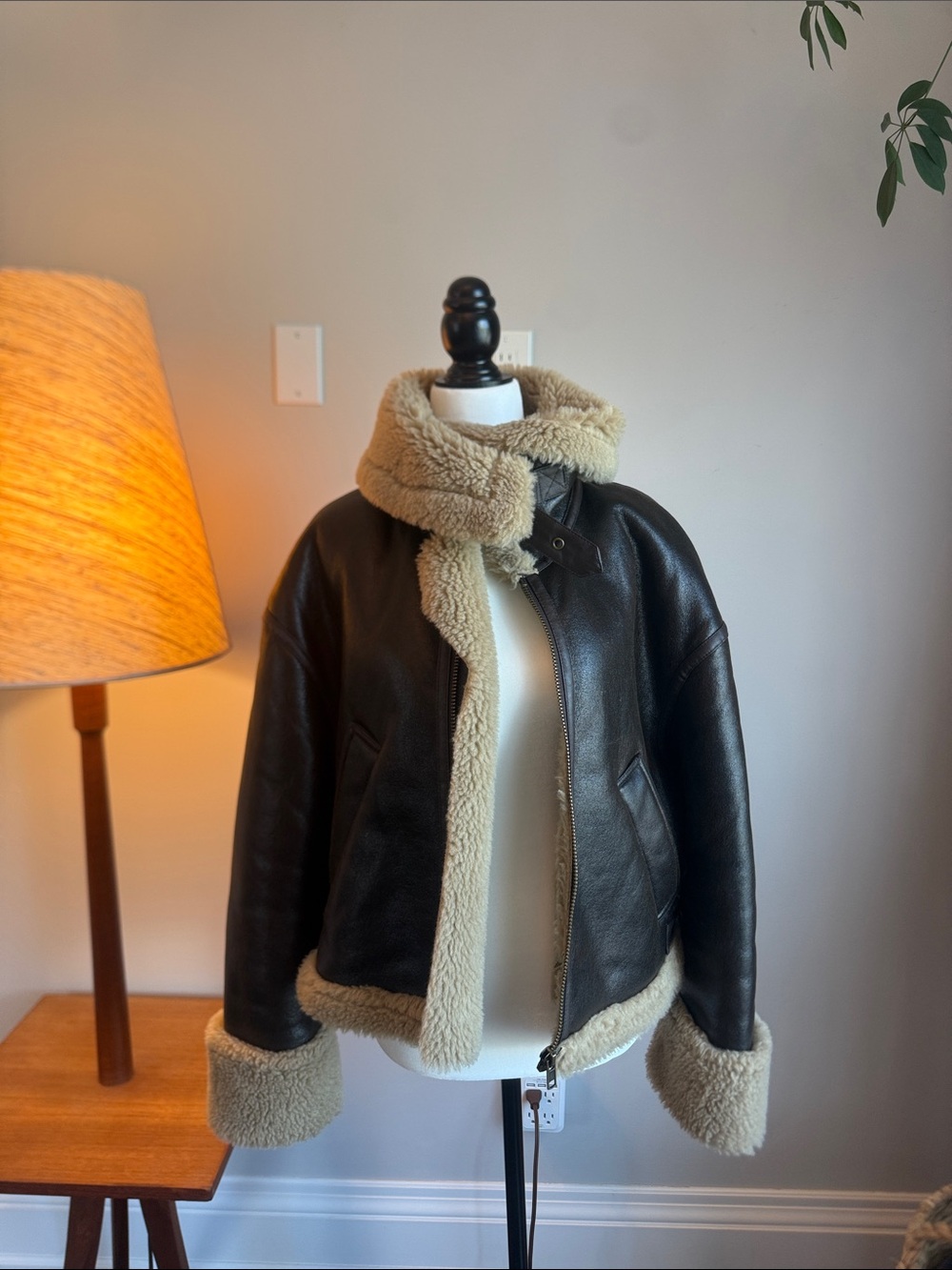 Zara Faux Brown Leather Aviator Jacket with Cream Shearling Trim
